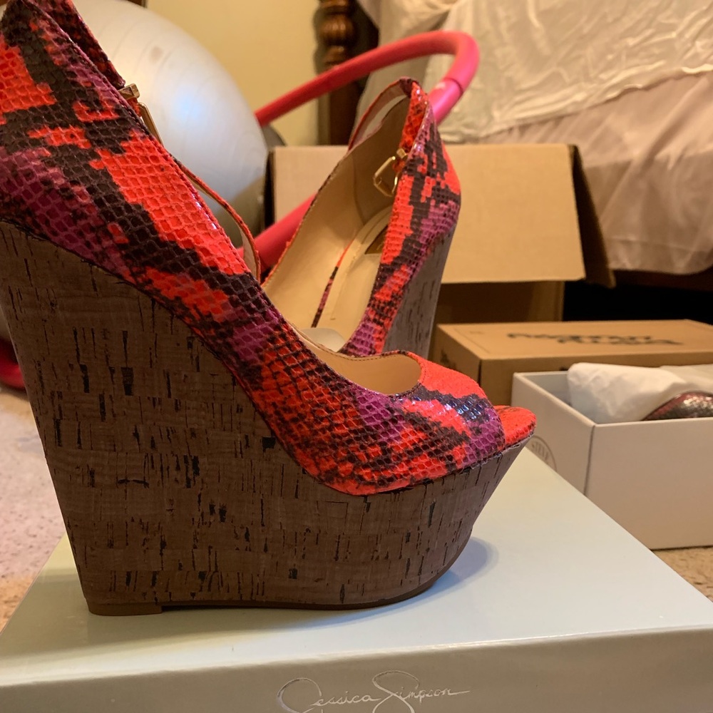 Red & purple wedge sandals. New with box
